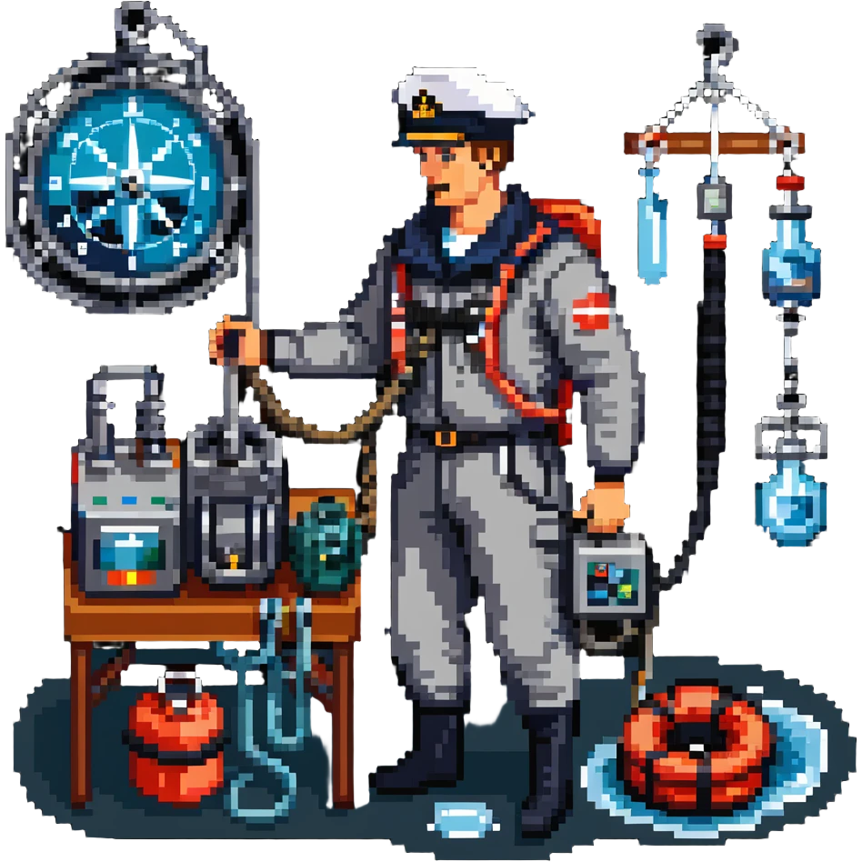 Russian sailor oceanologist operating a winch with scientific equipment and ocean research instruments emoji