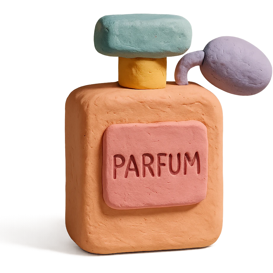 perfume bottle, claymation style, pastel colors, visible fingerprints, playful emoji