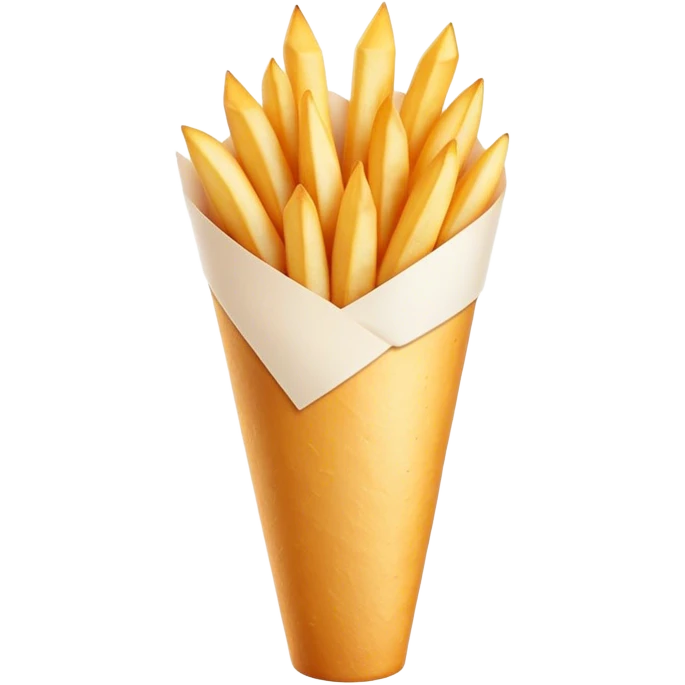 Belgian Fries Cinematic Realistic Belgian Fries Dish Emoji, depicted as a generous serving of crispy fries neatly presented in a white paper cone, rendered with vivid textures and appetizing, natural lighting. emoji