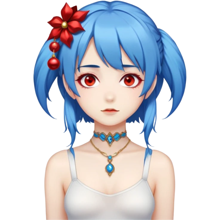 blue haired anime girl with red eyes, two dangly thangs on her head and a white bodysuit emoji