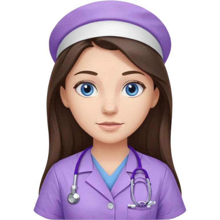 pretty brunette nurse with long hair and blue eyes in lilac scrubs emoji