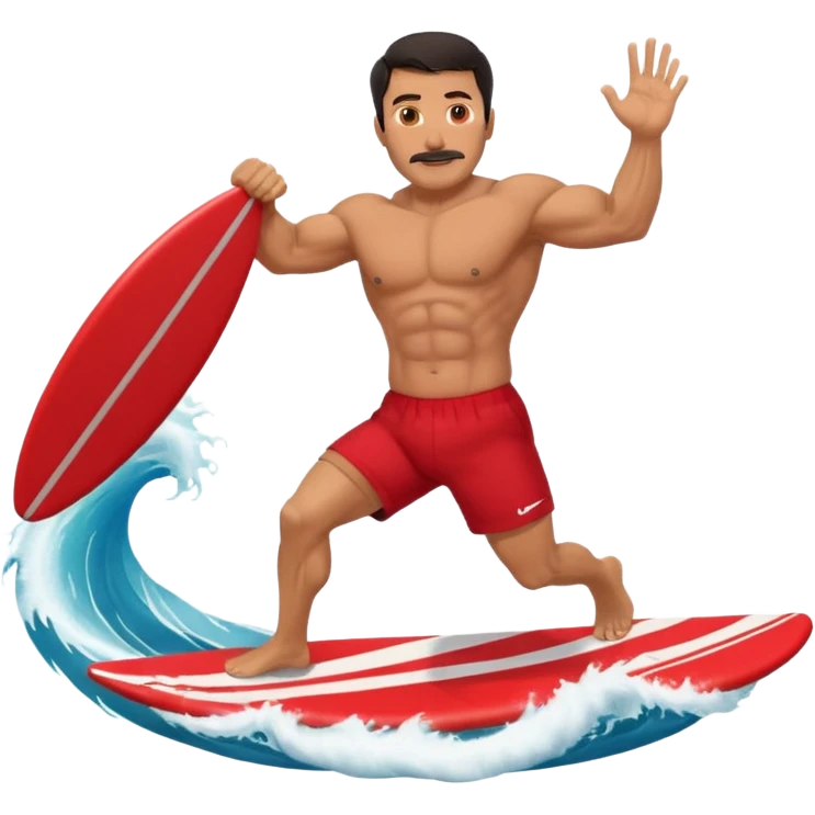 50 year old, muscular, dark haired, tan, red shorts man riding a big wave emoji