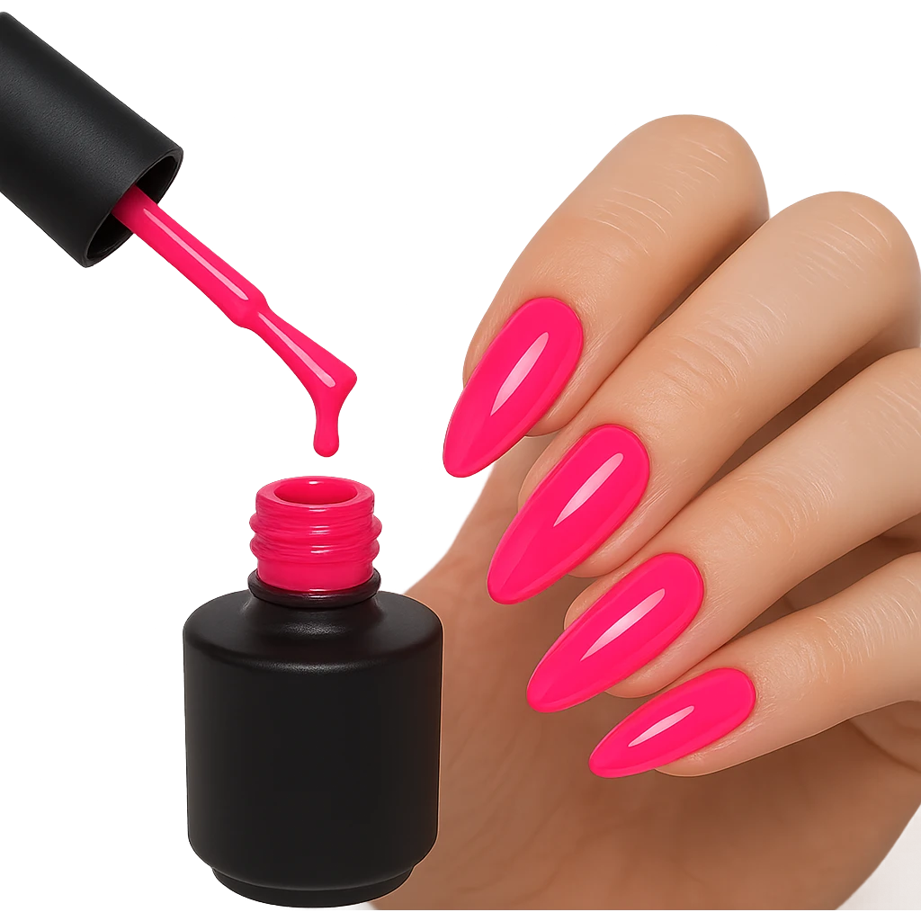 open gel nail polish bottle with brush and vibrant colored nails emoji