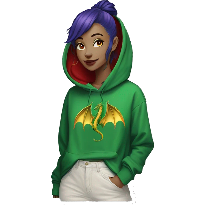 420 Lady with brunette and iridescent blue hair, hemp, gold, green dragon wings, maroon hoodie, 420, black and gold Nike t shirt, and bright red eyes emoji