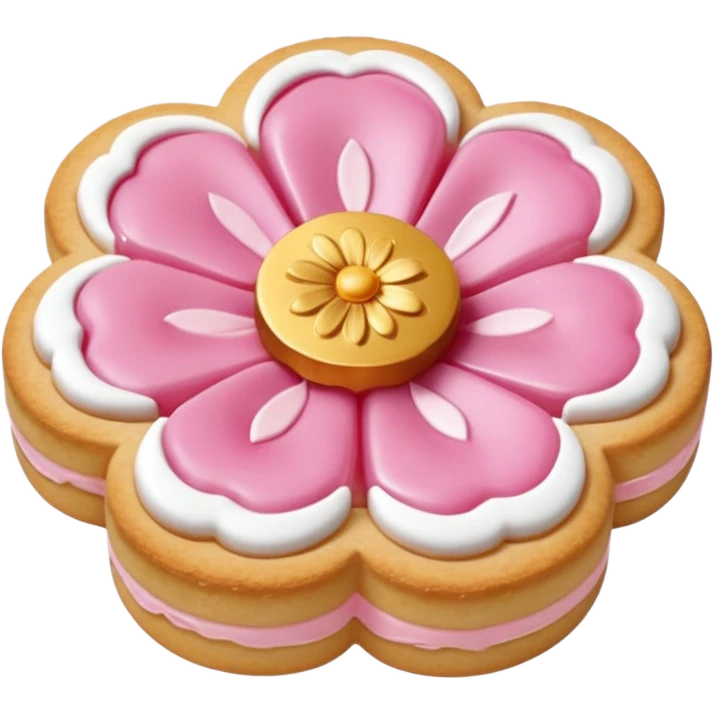 Realistic shortbread cookie in the shape of a camilia flower with pastel pink color jelly middle filling andkled powder sugar on top.emoj sprini emoji