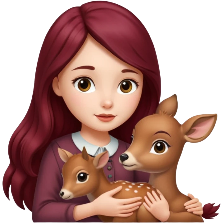 Beautiful burgundy long haired girl petting baby deer emoji
