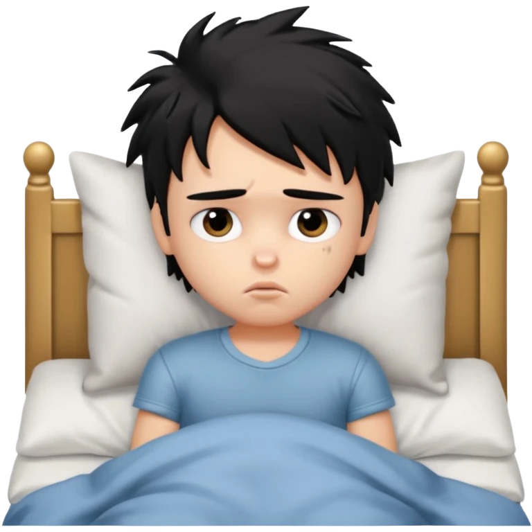 a PRETTY BRATZ boy with black messy hair, in bed, looking sad emoji