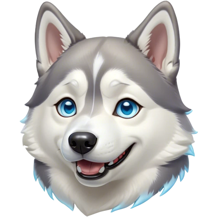 Cinematic Comical Siberian Husky Portrait Emoji, Head tilted dramatically with an exaggeratedly amused or surprised expression, featuring a striking grey and white coat with bold accents, wide, expressive icy blue eyes filled with playful disbelief, Simplified yet hilariously expressive features, highly detailed, glowing with a slightly sassy glow, high shine, dramatic yet playful, stylized with an air of cheeky mischief, bright and endearing, soft glowing outline, capturing the essence of a spirited and over-the-top companion, so meme-worthy it feels like it could side-eye its way into internet fame instantly! emoji