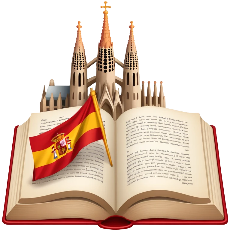 An icon featuring the Sagrada Familia and the flag of Spain, symbolizing the Spanish language. The design includes an open book with Spanish text and flamenco dancers, representing language learning and cultural heritage. Transparent background emoji