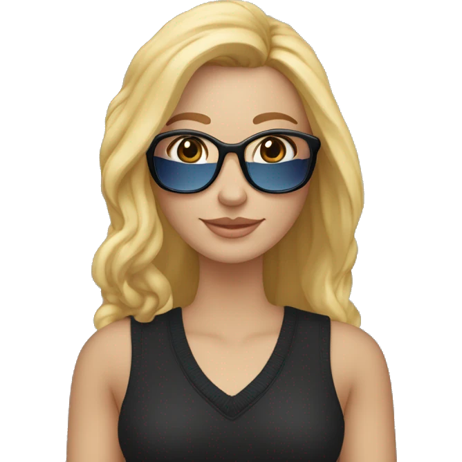 Een 52 jarige vrouw met middel lang blond haar, grijs met zwarte sjaal, zonnebril, zwarte sweater en blauwe broek emoji