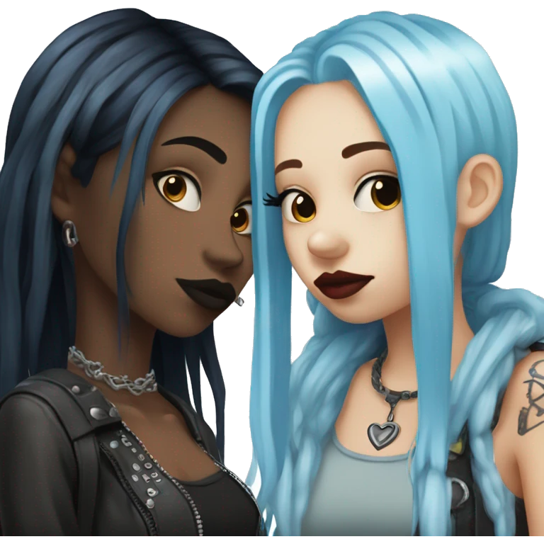 Two girls kissing goth style one with blue hair and a septum ring and the other with blonde and black hair emoji