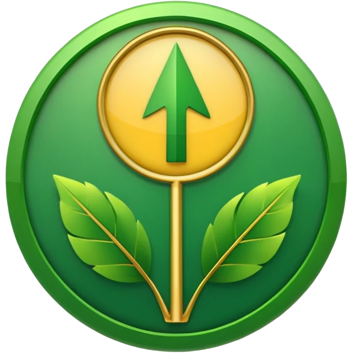 "A simple, strong, rounded arrow pointing upwards, encased within a circle made of two green, curved leaves. Use bright, contrasting colors (green and yellow/gold) for vitality. Minimalist 32x32 pixel emoji icon. Transparent background." emoji