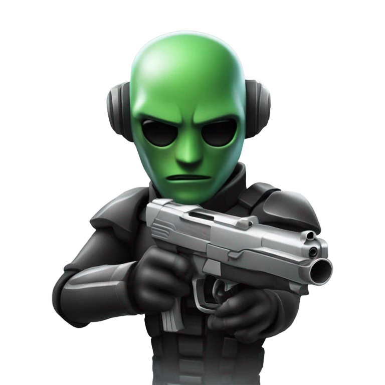 Tall Martian hitman pointing gun high at the camera emoji