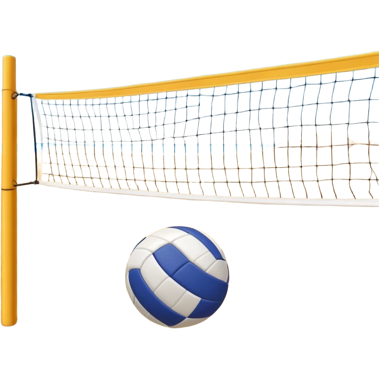 A close-up volleyball net with a ball hovering above it, set against the backdrop of a sandy volleyball court. The scene highlights the tension of an impending play, with the court lines clearly visible and a bright, sunny atmosphere surrounding the action. emoji
