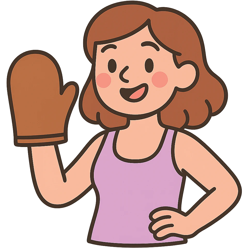 pastel toon style pale skintone woman with brown hair holding a tanning mitt emoji