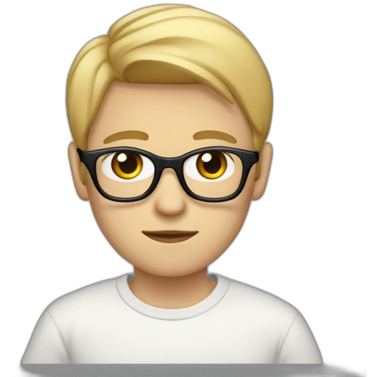 thin white teenager with blond hair.  He is cross-eyed and wears black glasses.  he has a triangular shaped head.  he's also wearing a white sweater. he has brown eyes emoji