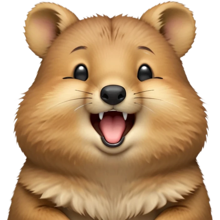 cinematic-realistic  yawning quokka-emoji,-small-round-frame, head tilted in an endearing manner, wouth wide open yawning, sleepy comical smile, round fluffy cheeks, giant-fluffy-cheeks-large-smile-fluffy-brown-fur-radiating-a-warm-softness,-big-round-eyes-filled-with-joy, realistic round  fluffy zoomed in, large black eyes one paw raised in the air emoji