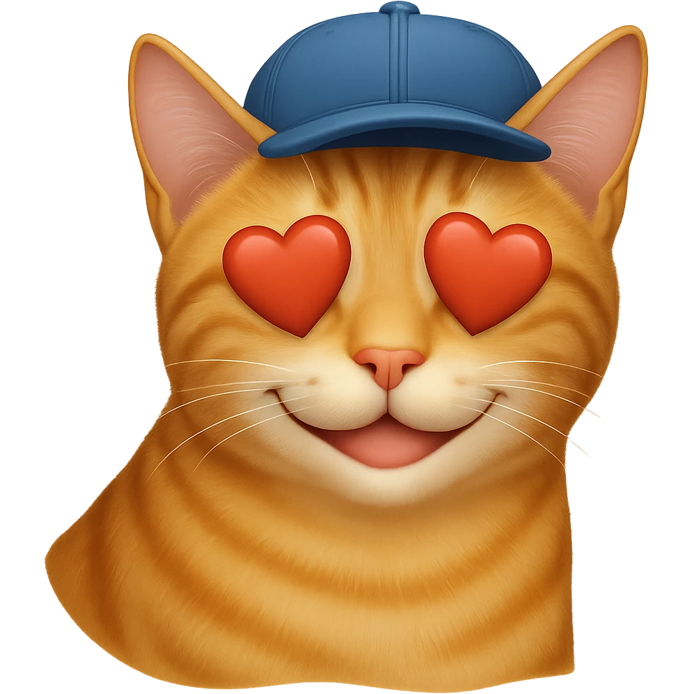 Change the cat's face expression to love (heart eyes or loving smile), keep the blue cap, and set the background to transparent. Maintain a style as close to the original realistic emoji as possible, with detailed fur texture and lifelike appearance. emoji