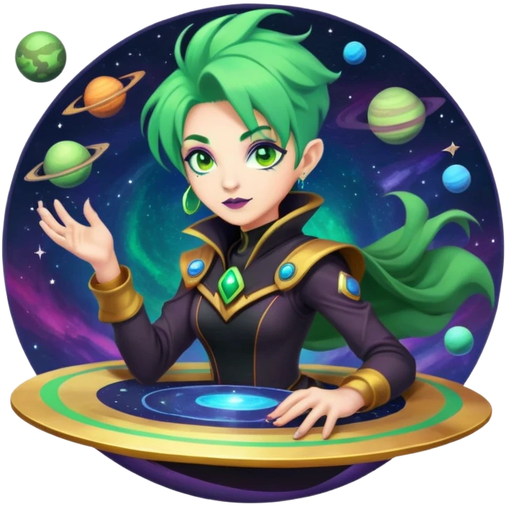 a warlock with colorful makeup and green hair riding a disk in space with planets in the distance  emoji