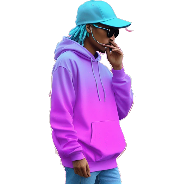 Multicoloured neon Vaporwave person smoking wearing hoodie dancing hip hop bucket hat tropical Skater fashion aesthetic baggy clothes graphic t shirt 420 emoji