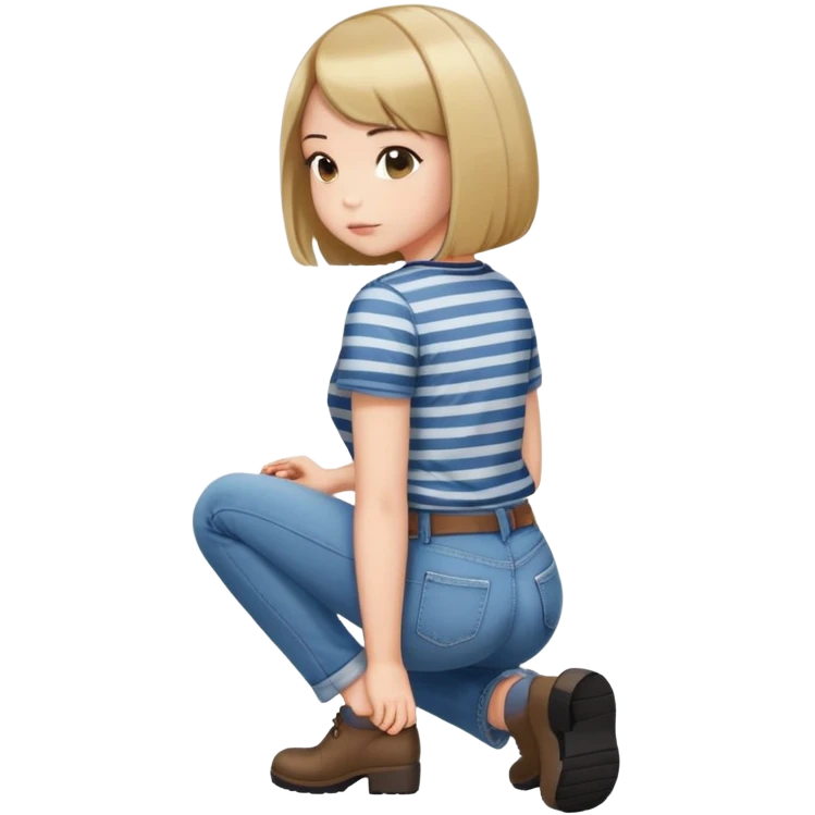 girl with short bob haircut in jeans and striped shirt kneeling on the ground seen from behind emoji