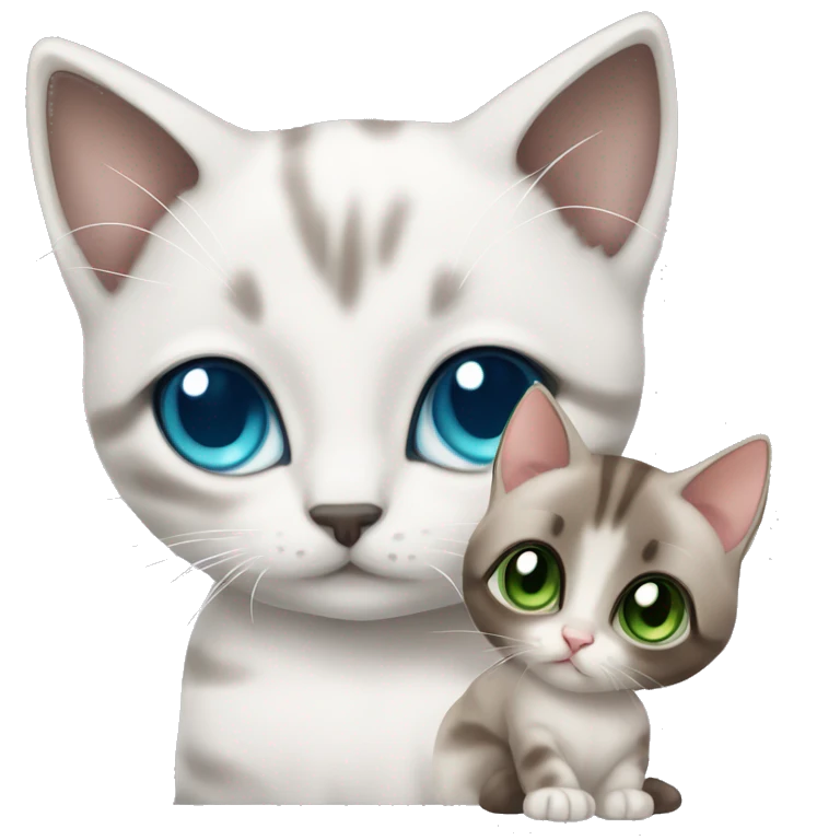 extremely cute kawaii white and gray siamese kitten with blue eyes, and brown tabby kitten with green eyes emoji