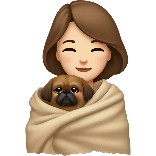 A Women with brown hair is cradling her Pekingese in a beige blanket emoji