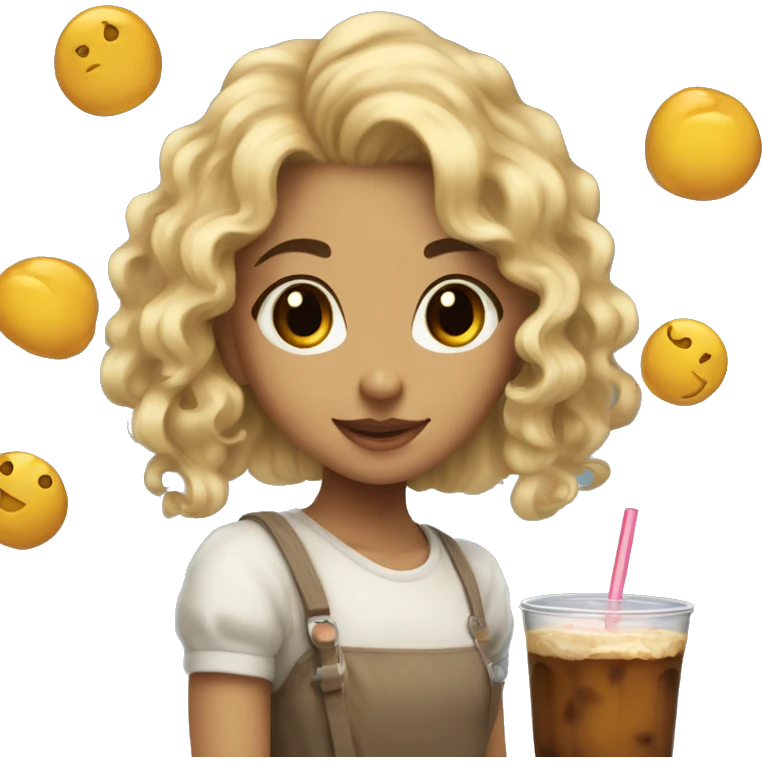 a blonde girl with brown eyes and curly hair enjoing boba te emoji