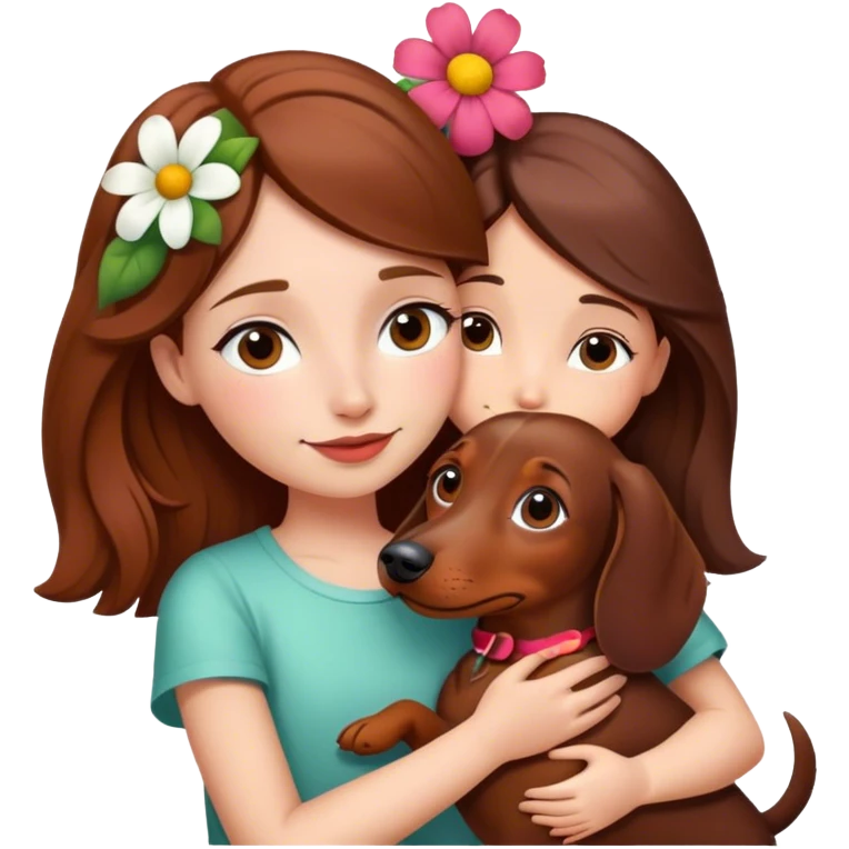 Dachshund hugging a girl with brown hair and a flower in her hair emoji