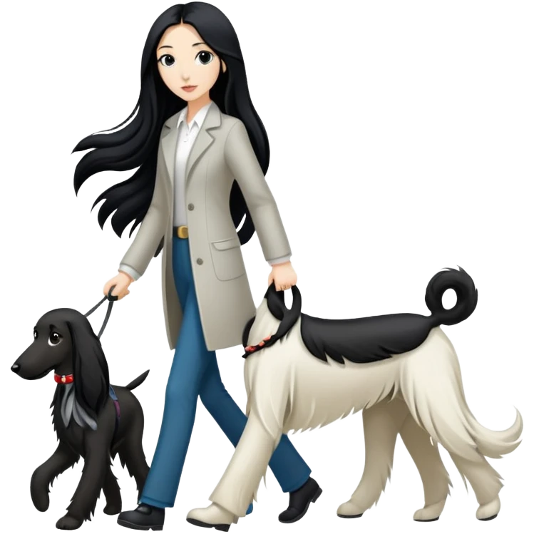 A girl with long black hair walks a black and white Afghan hound emoji