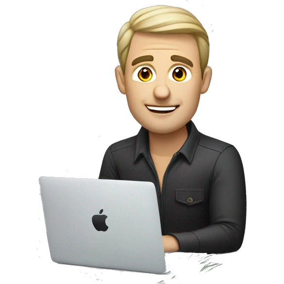 A Russian man is sitting at a table in a macbook with a stack of money. The ebay website is open on the macbook emoji
