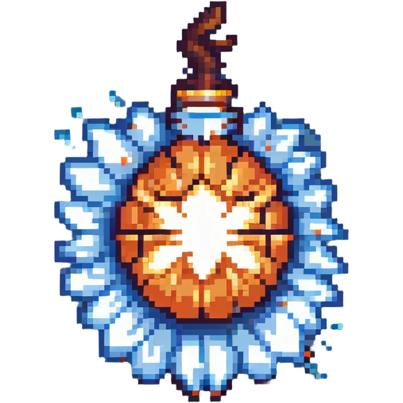 Power bomb, larger size, blue highlights, longer fuse, explosive appearance, pixel art style emoji