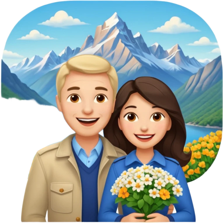 Couple  laughing traveling russian man and elegant  Latina girl delicate flowers and mountains in the background  emoji
