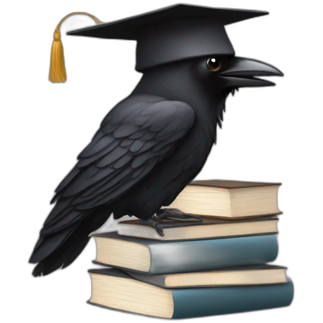 raven in student cap with a stack of gray and brown books emoji