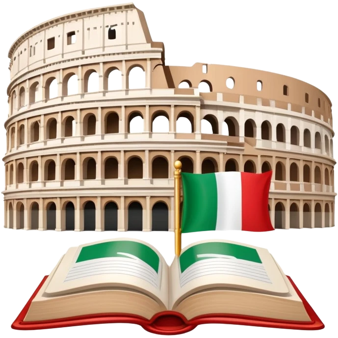 An icon featuring the Colosseum and the flag of Italy, symbolizing the Italian language. The design includes an open book with Italian phrases and a gondola, representing language learning and cultural exploration. Transparent background emoji