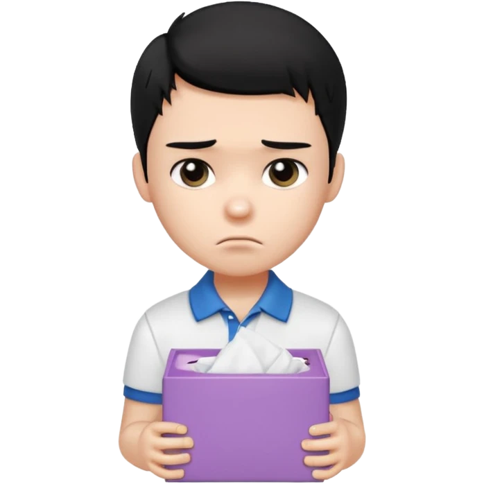 generate a pretty bratz boy with black hair, wearing a white polo shirt. Looking sad, holding a box of tissues emoji