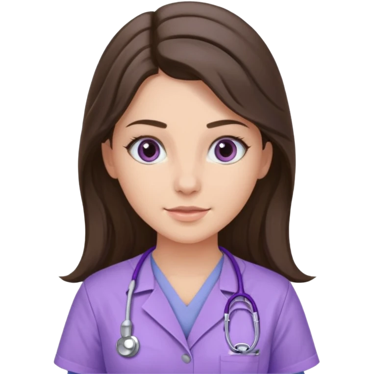 pretty brunette nurse with long hair in lilac scrubs emoji