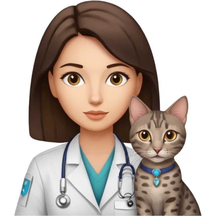 Female veterinarian, brunette, Egyptian mau cat emoji
