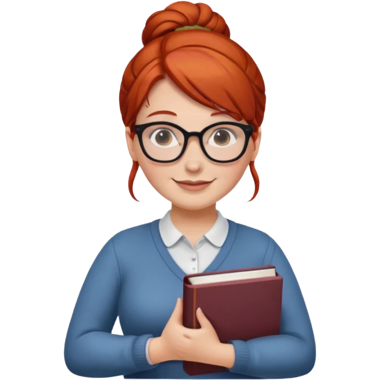 plump female teacher with red hair in a bun, glasses, freckles, holding a book emoji
