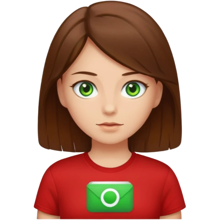 a girl with brown strait hair and has green eyes has a red t-shirt  emoji