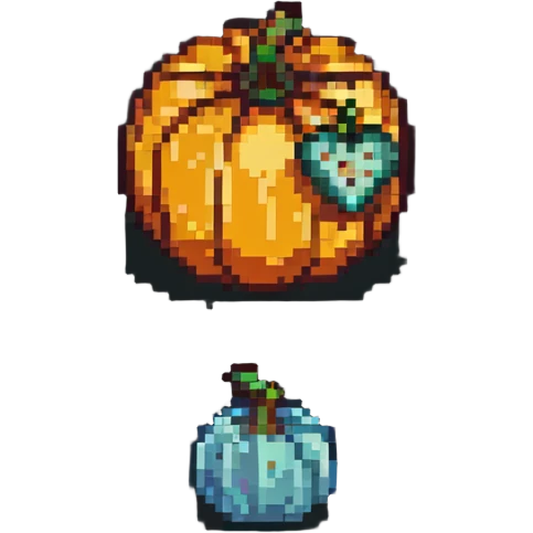 heart with a small mushroom on the left and a pumpkin on the right, vibrant colors, pixel art style emoji