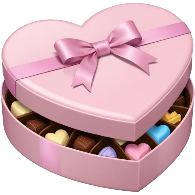 pale pink heart box, open to reveal assorted chocolates, pale pink ribbon emoji