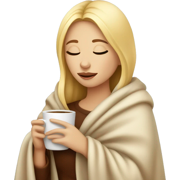 Blonde girl inside a blanket sipping coffee eyes closed emoji