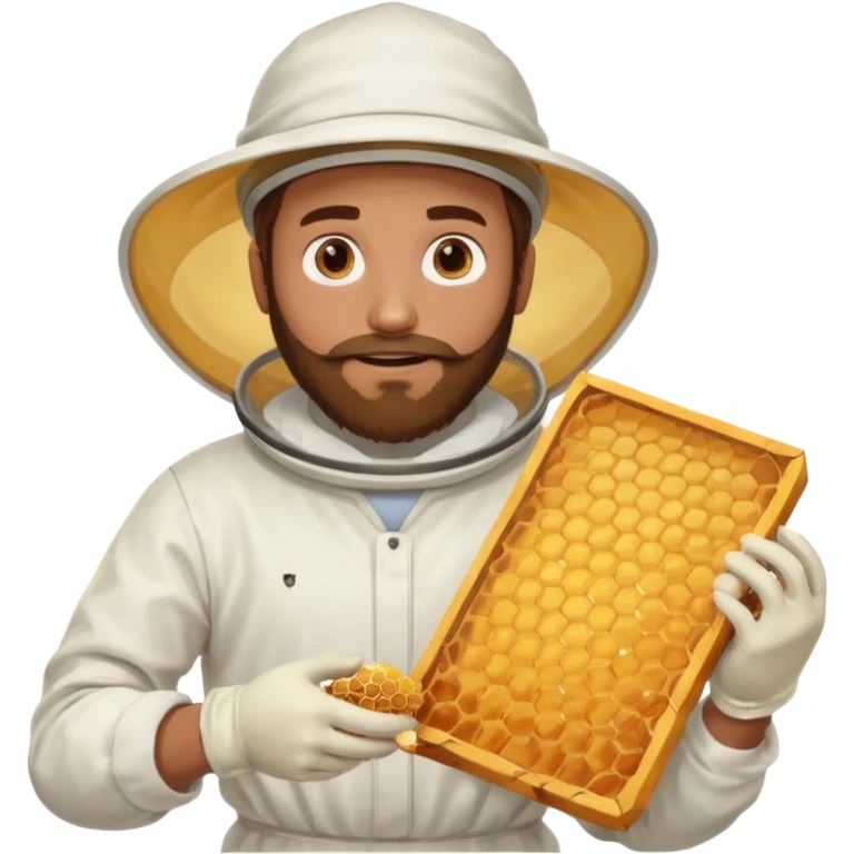 male bee keeper with brown hair and beard, white outfit,  emoji