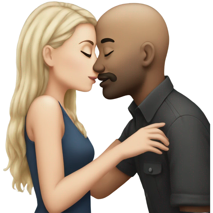 White girl dark hair kissing mixed bald man emoji