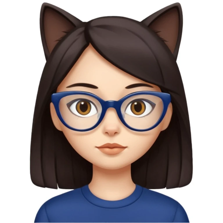 Female. Straight long hair and dark brown eyes and hair with cat eye glasses and dark blue out fit emoji