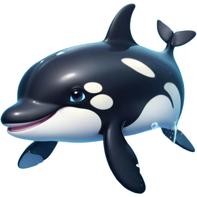 Cinematic Cute orca Portrait Emoji, Head tilted playfully and inquisitively, featuring a smoothly rounded body with bright, sparkling eyes and an adorable, friendly smile, Simplified yet irresistibly adorable features, highly detailed, glowing with a warm, ocean-blue glow, high shine, affectionate and lively, stylized with a touch of whimsical aquatic charm, soft glowing outline, capturing the essence of a mischievous yet endearing orca that seems as if it could leap right into your heart! emoji