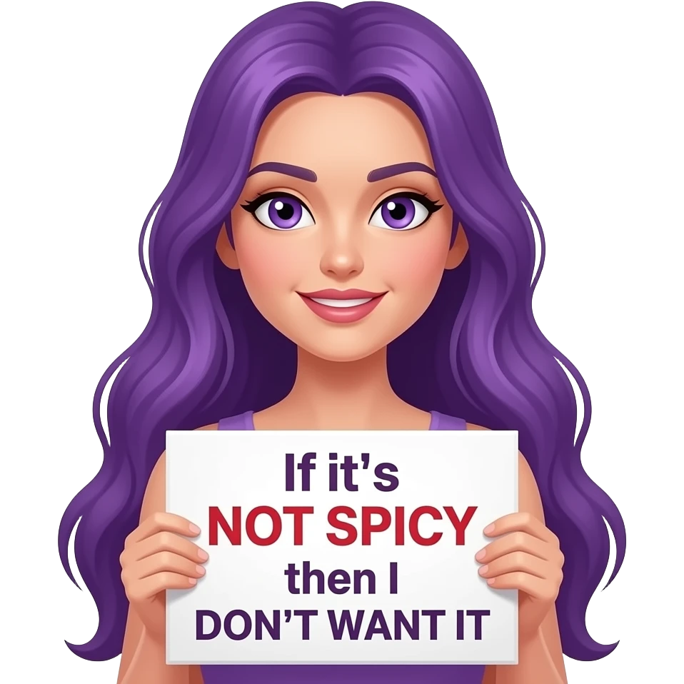 sexy girl with long purple hair and purple eyes holding a If it's NOT SPICY then I DON'T WANT IT sign emoji