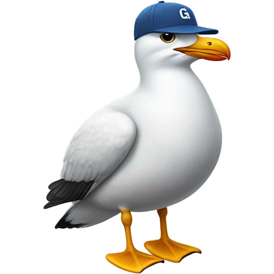 a seagull with a ball cap inscribed with the letter G emoji