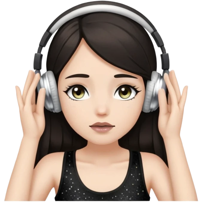 Girl with long dark hair, fair skin tone, wearing a black tank top, has glitter on her eyelids, and taupe lipstick, wearing white headphones, her hands are on her ears, and her hazel eyes are halfway  close emoji